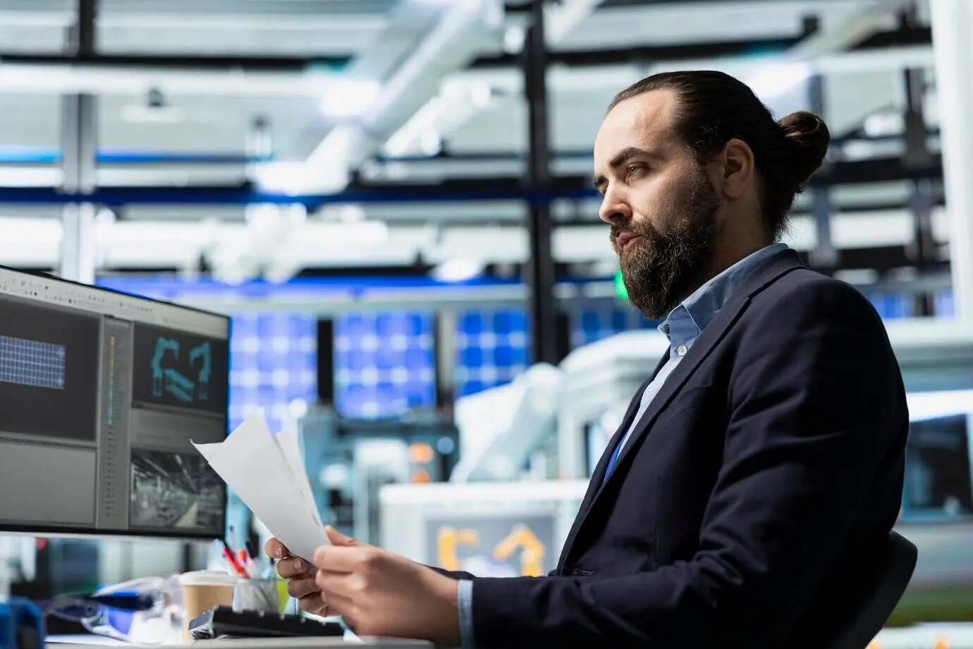 Строительный подрядчик-мужчина на заводе по производству солнечных панелей проводит плановую проверку.