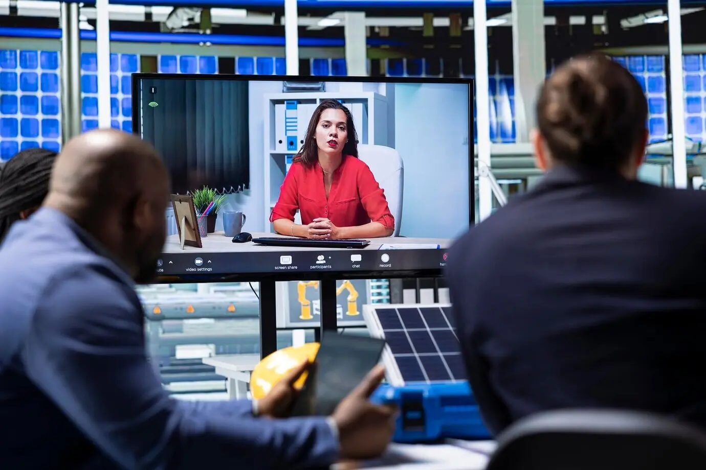 Менеджеры фабрики представляют продукцию инвесторам во время телеконференции.