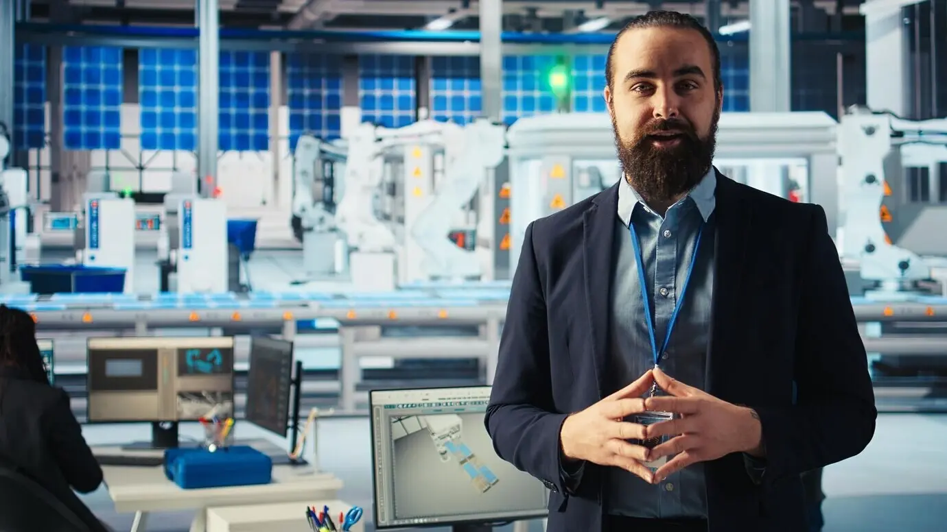 Мужчина на предприятии по производству солнечных панелей демонстрирует производство зелёной энергии.