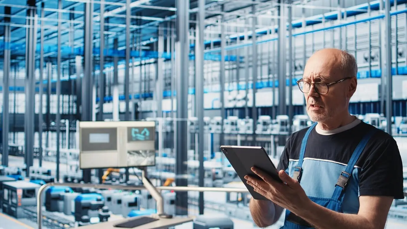 Ведущий инженер использует планшет на умном заводе по производству солнечных панелей.